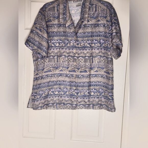 Dressbarn L Gray Blue Shrtslv Floral Print Striped Button Up Women Blouse Shirt - Picture 1 of 7
